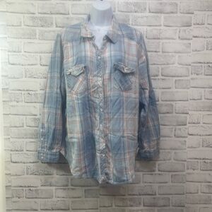 Torrid Light Blue and Pink Plaid Flanel Shirt, Women's Size 2